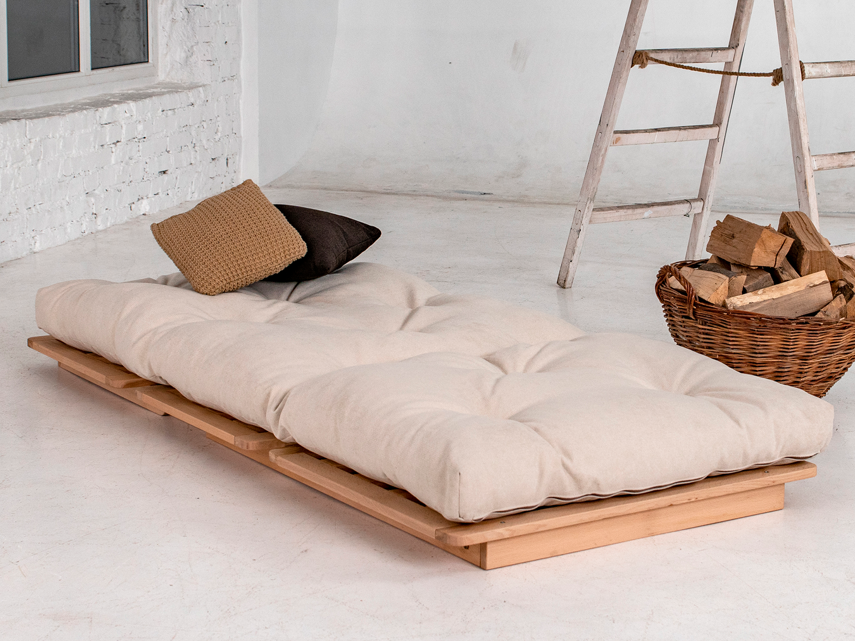 Canapé 1 place brut EKONO avec 1 matelas futon 100% coton, coutil coton écru non déhoussable