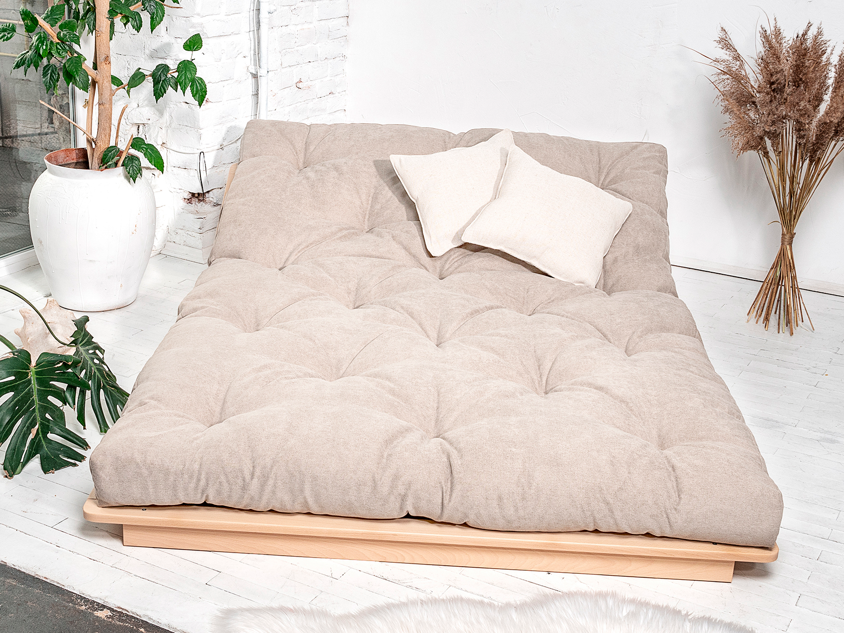 Canapé 2 places brut EKONO avec 1 matelas futon 100% coton, coutil coton écru non déhoussable